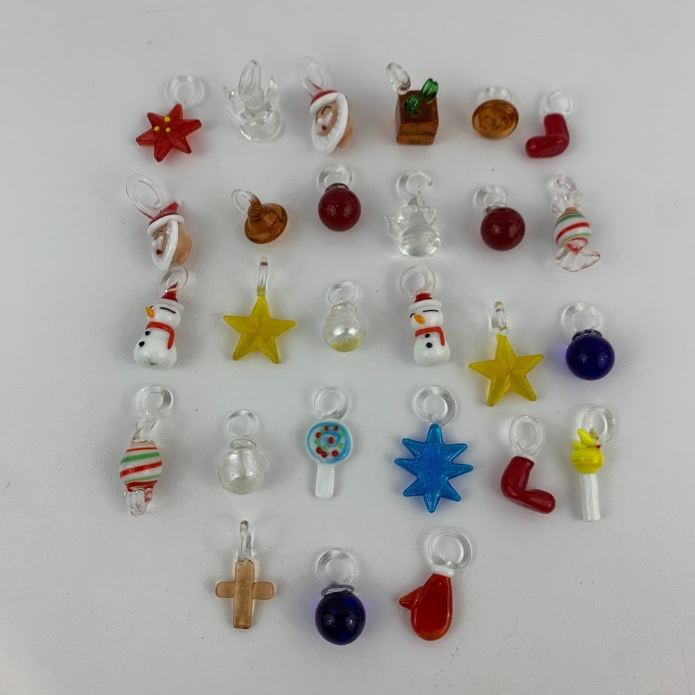 Miniature Lampwork Glass Christmas Holiday Winter Ornaments - Set of 27
